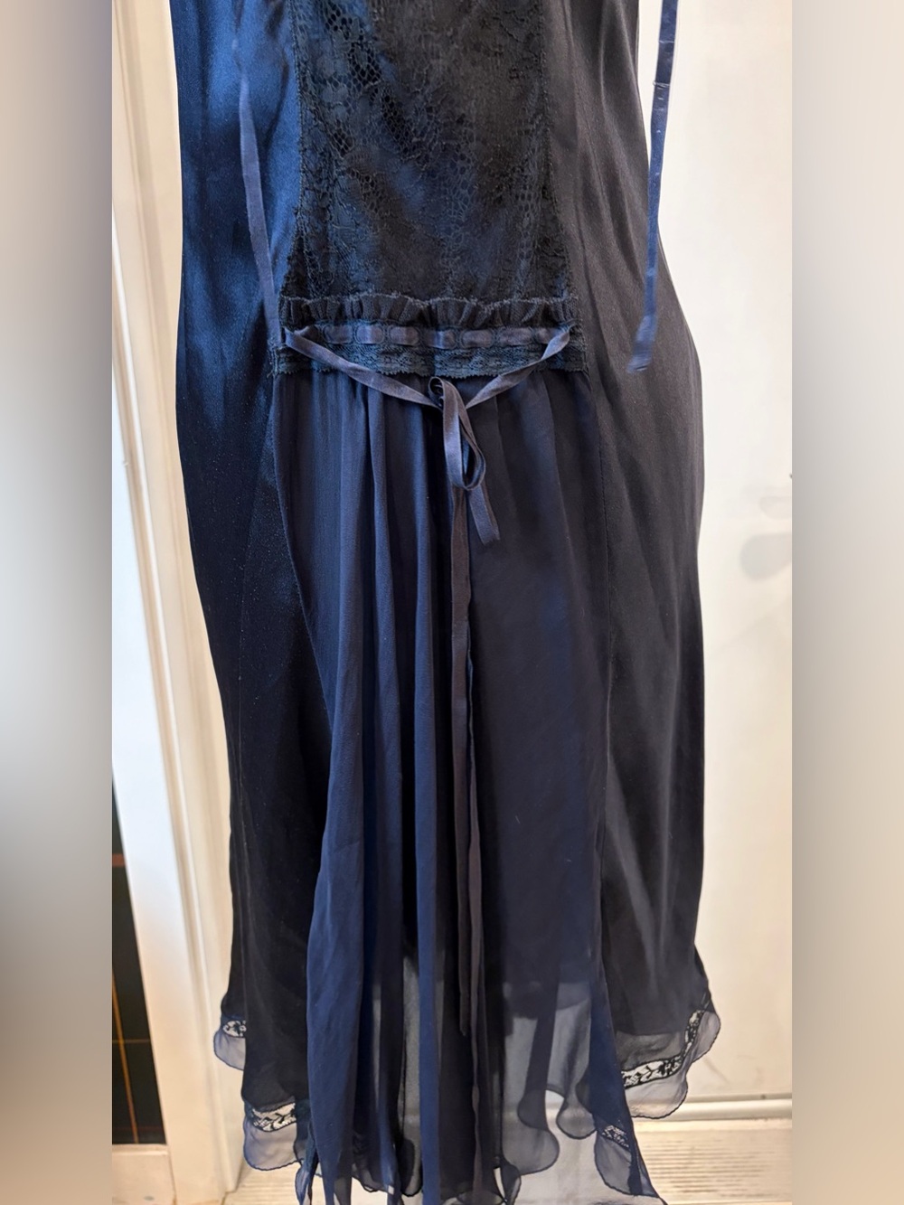 Vintage slip dress, 20’s style, silk satin&chiffon, lace details, navy,4, EUC - Picture 7 of 11